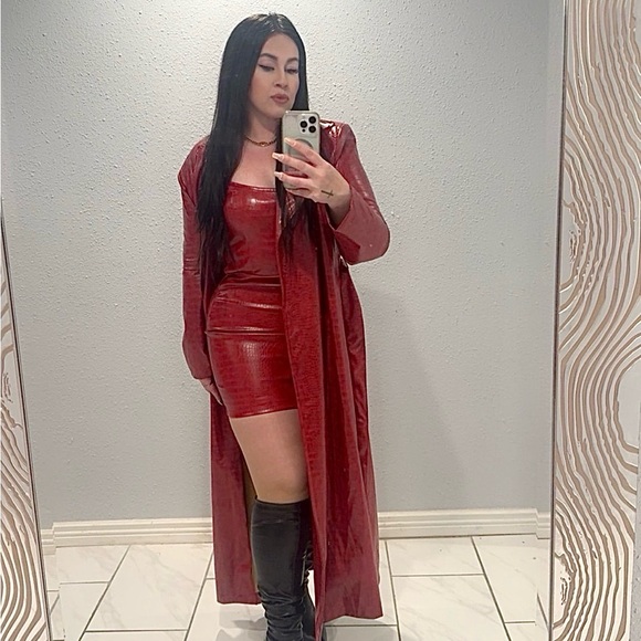 Wine/Red Faux Leather Trench Coat and mini dress set - Picture 4 of 4